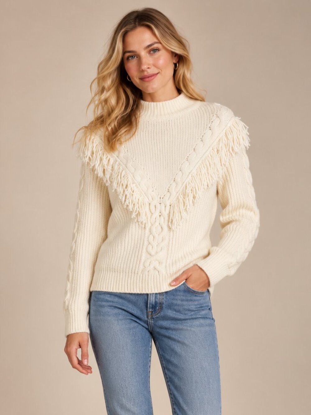 Tuckernuck Ivory Wool Blend Fringe Cable Knit Sweater Size S